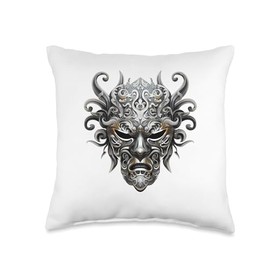 Scary Silver Yokai Oni Mask Japanese Anime Warrior Throw Pillow