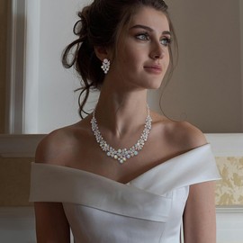 EleQueen Women's Wedding Bridal Statement Crystal Necklace Earrings Set for Brides Bridesmaid, Butterfly Leaf Jewelry Set for Prom Bridal Party AB Iridescent Silver-Tone