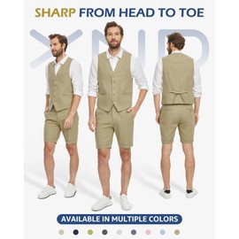 YND 2 Piece Men's Regular Fit Linen Waistcoat Shorts, Lightweight Vest Pants, Casual Wedding Beach Summer Prom Homecoming Outfit Deep Khaki