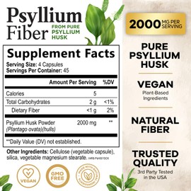 Psyllium Husk Powder Capsules 2000mg, Natural Daily Soluble & Insoluble Fiber Pills, Psyllium Husk Fiber Supplement Supports Digestion Colon Health & Regularity, Plant Based Supplement - 180 Capsules
