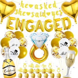 FeteDecor Engagement Party Decorations - Gold Balloons, She Said Yes Banner, Ring Balloons, Cupcake Topper, Wedding Party Supplies