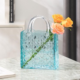 PORPAN Purse Vase, Glass Bag Vase, Glass Purse Vase for Flowers, Blue Vases, 12 Inch Large Flower Vase with Embossed Pattern for Wedding, Living Room, Bedroom, Table, Office(Tote)