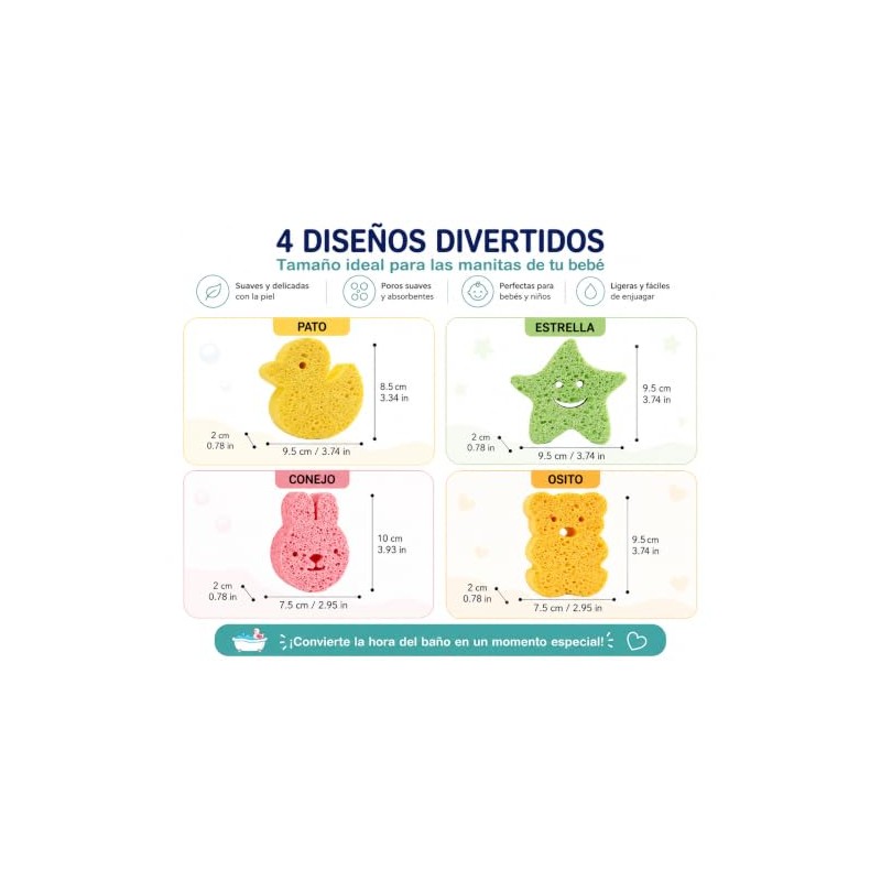 Esponjas de Baño para Bebé de Celulosa, Set de 4