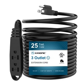 K KASONIC - 25-Feet 3 Outlet Extension Cord, UL Listed, 16/3 SJTW 3-Wire Grounded, 13 Amp 125 V 1625 Watts, Multi-Outlet Indoor/Outdoor Use, Black