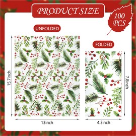 100 Christmas Paper Napkins Xmas Pine Branch Red Berries Disposable Guest Napkins Red Green Winter Greenery Leaves Party Hand Towels for Holiday New Year Christmas Party Supplies