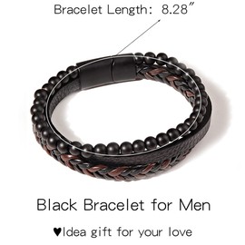 LEEQ Men's Leather Bracelet – Pearl Bracelet Men's with Black Lava Stone, Men's Bracelet Stainless Steel, Men's Leather Bracelet, Men's Gifts, Bracelets for Men, Metal