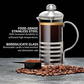 OVENTE French Press Coffee Maker 34oz with 4 Filters System, Silver FSH34S