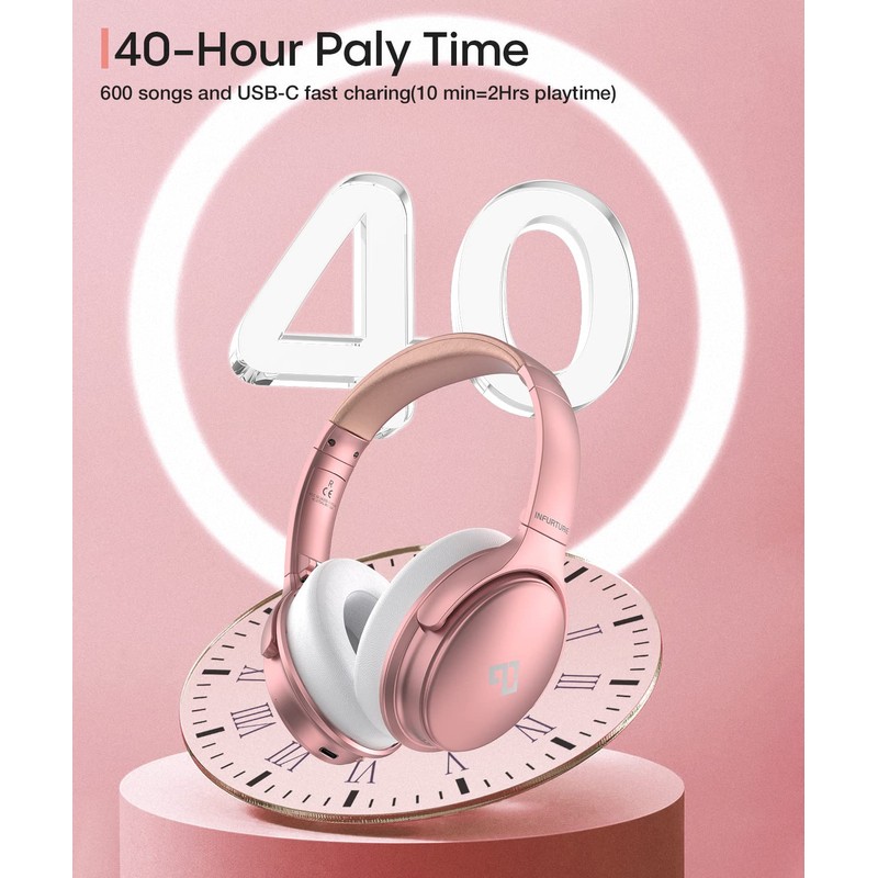 INFURTURE Rose Gold Active Noise Cancelling Headphones with Microphone Wireless