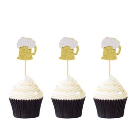 24 PCS Gold Glitter Beer Mug Cupcake Toppers Food Cake Picks Party Decor