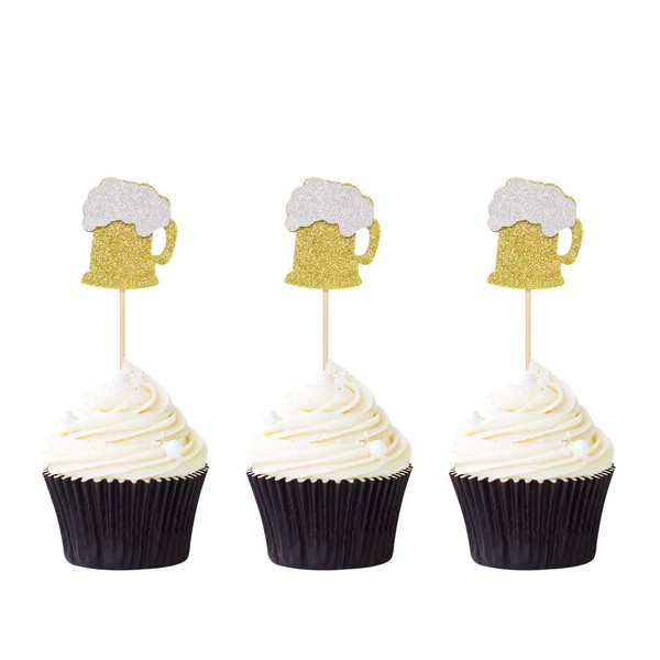 24 PCS Gold Glitter Beer Mug Cupcake Toppers Food Cake Picks Party Decor