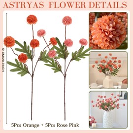 ASTRYAS 10PCS Faux Silk Pompon Mum Artificial Flowers, Fake Mini Chrysanthemums with Stems for DIY Bouquet Centerpieces Wedding Fillers Champagne Arrangements Shower Decorations(Orange+Rose Pink)