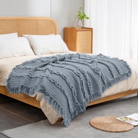 Ultra Soft Pre-Washed Quilted Boho Dark Blue King Size Blankets for Bed, Ruffle Fringed Decorative Throw, Stone Washed Chic Rustic Blanket for Sofa Couch Bed, 104"*90"