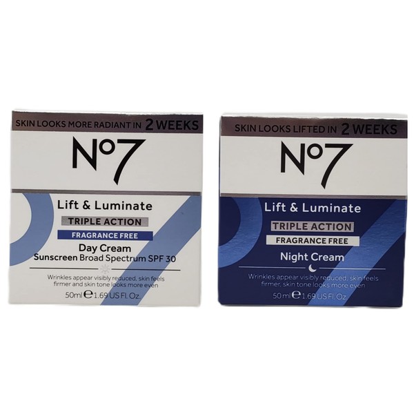 No. 7 No 7 Early Lift and Luminate Triple Action Fragrance Free Face Cream - Day and Night Bundle - 1.69 fl oz Each - Fragrance Free Day and Night Cream by No 7 - SPF 30 in Day Cream, White