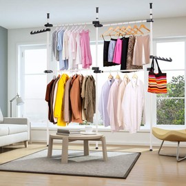 Liusin Garment Rack, Clothing Hanger 3 Vertical Poles 4 Bars Clothing Rack, Adjustable Closet Rod Double Rail, Freestanding Wardrobe Closet Organizer System Heavy Duty Simple No Drilling for Bedroom