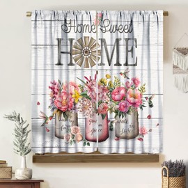 Boho Rustic Curtains, Vintage Art Farmhouse Wood Plank Colorful Pink Watercolor Plant Floral Vase Bottle Bird Window Treatments, Blackout Rod Pocket Drapes for Living Room Bedroom Kitchen 42x45in