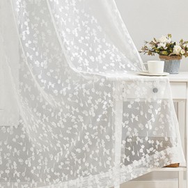 Jubilantex White Lace Sheer Curtains Embroidered Leaf Buds 95 Inches Long for Bedroom Textured Knitted Light Filtering Window Treatment White,52" W