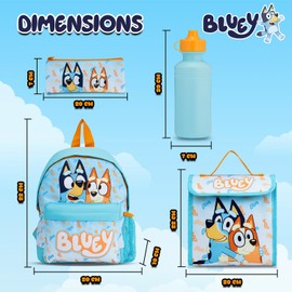 Bluey Backpack 4 Piece School Set with Lunch Bag, Water Bottle & Pencil Case | Boys School Bag with Kangaroo Pocket & Mesh Side | for Ages 2 to 7 Years