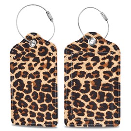 Set of 2 Luggage Tags Brown Leopard Texture Leather Suitcases Tag with Privacy Cover Stainless Steel Loop and Address Card for Women Men Travel
