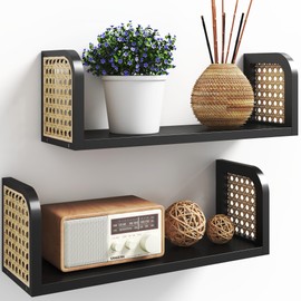 LUPWNEKA Black Rattan Shelf Set of 2, Nursery Shelves Wall Mounted, Natural Hanging Bookshelf Storage, Boho Decorative Floating Shelves for Kids Room, Living Room, Play Room, Bedroom, Home Decor
