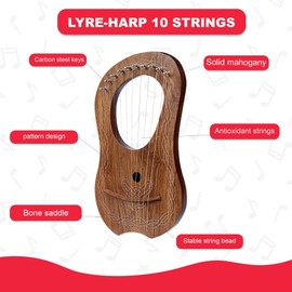 DealzCT 10 Strings Lyre Harp Brown White Chain Design for Beginner with Extra Strings and Tuner