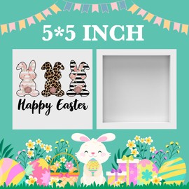 Easter Decor Easter Bunny Decor Happy Easter Rabbit Blush Floral, Leopard Cheetah, Stripes Decor, Wooden Box Decor for Farmhouse Home Bedroom Living Room Desk Shelf Tabletop Office