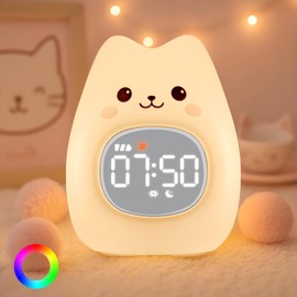 Aokpsrt Cat Alarm Clock with Night Light for Kids with Sleep Training and Sound Machine, Rechargeable Silicone Lamp OK to Wake Clock，Cute Animal Tabletop Lamp, Perfect Sleep Companion for Boys Girls
