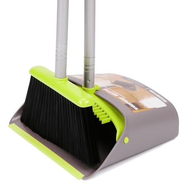 Broom and Dustpan Set, TreeLen Broom with Dust Pan with Long Handle Combo Set for Office and Home Standing Upright Sweep Use with Lobby Broom