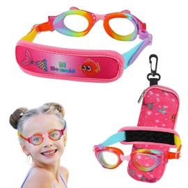 RUIGAO Kids Swim Goggles Age 4-7, Toddler Goggles No Tangle, Child Swimming Mask/Bungee Strap/Soft Band (Fish Padded - Rainbow)