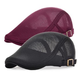 JANGOUL 2 Pack Men's Mesh Breathable Summer Newsboy Cap Adjustable Duckbill Driving Hat (Black/Burgundy)