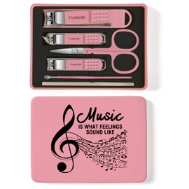 Music Lover Gifts for Men Nail Clipper Set, 6 Pcs Toenail Clippers, Stainless Steel Fingernail Clipper Sharpest Thick Toenail & Ingrown Nail Clipper Set (Music Pink)