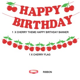 Cherry Happy Birthday Banner, Sweet Cherry Glitter Paper Sign for Happy Birthday Party Decoration.Cherry Themed First Birthday Banner for Baby Girl