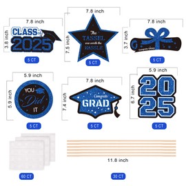 Gexolenu 30 PCS Glitter Black and Blue Double-Sided Graduation Centerpieces for Tables, 2025 Graduation Table Toppers Party Centerpiece Sticks Party Supplies, Set of 5