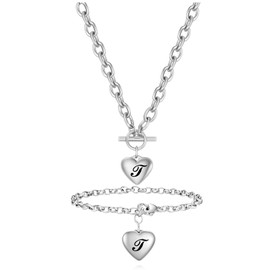 VQYSKO Silver Heart Initials Necklace Bracelet Sets-A-Z Stainless Steel Engraved Charm Bracelet, Woman Jewelry Birthday Festival Gift (T Silver)