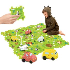 Bearbao Toddler Toys Gifts for 3 4 5 Year Old Boys, Total 16 Pieces Jigsaw Puzzle Racer Track Car Set with 2 Cars for Kids Boys 3-5, Puzzle Tracks Car Toys Gifts for 3 4 5 Year Old Boys Kids