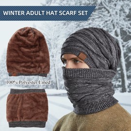 PESAAT Men Women Winter Hat Scarf Set Fleece Lined Beanie Neck Warmer Winter Knitted Hats for Men (Gray Hat Scarf)