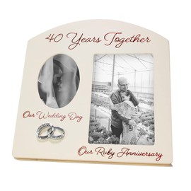 Contemporary 40 Years Together Then and Now Ruby Anniversary Light Beige Frame with Double Silver Rings | Beautiful 40th Anniversary Picture Frame by Happy Homewares