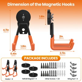 4 Pack Large Heavy Duty Magnetic Hook Extra Strong Magnetic Garage Hooks Big NdFeB Industrial Magnet Hooks Magnetic Utility Storage Holder Organization with Anti-Slip Coating for Hanging Garden Tool