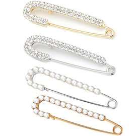 Pearl Brooch Safety Pin Brooch Clips Jumper Crystal and Pearl Pins and Crystal Shawl Clips Faux Scarf Coat Jewellery Pin Pack of 4 for Women Girls Clothing Decoration Accessories Jewellery, Stainless