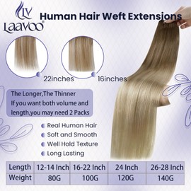 LaaVoo Weft Hair Extensions Human Hair Blonde Ombre Sew in Hair Extensions Short Human Hair Weft Extensions Brown Balayage Caramel Blonde mix Brown 12 Inch 80g