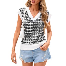 CFLONGE Vests for Women 2025 Trendy Sleeveless Striped Sweater Vest Crochet Knit Cropped Work Tank Top Outfits Y2K Clothes(Black White,Small)