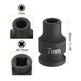 sourcing map Deep Impact Socket 3/8" Square Drive by 7mm Metric 6 Point Socket 30mm (1.18") Long CR-MO Steel Industrial Grade Flip Socket for Home Auto Hex Nuts Bolts Repair, Black