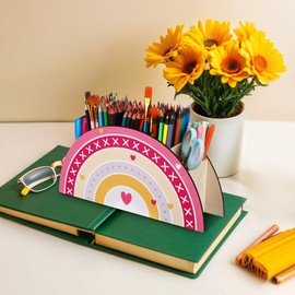 VILLCASE Children's Wooden Pencil Holder, Rainbow Pen Holder, Pencil Holder for Desk, Office Organiser for Children, Office Supplies, Classroom Organisation