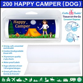 Premium Travel-Size | Eco-Friendly & Biodegradable | Toilet Paper Rolls | Convenient Plastic Dispenser | Camping, Hiking & Outdoors (3-Pack) (200 Happy Camper Dog)