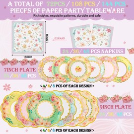 Skybooly 72 Pcs Tea Party Decorations Tableware for 24 Guests Tea Party Plates and Napkins Sets Disposable Decor Dinnerware for Bridal Baby Shower Wedding