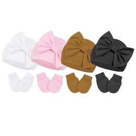 Century Star Newborn Girls Hats Baby Hat and Mitten Set Big Bow Knit Infant Headbands Winter Baby Hat for Girls 04Pcs White& Pink& Coffee& Black 0-3 Months