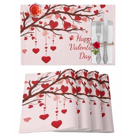 Valentine's Day Pink Placemats Set of 6 Washable Table Mats for Kitchen Dining Table, Cotton Linen Place Mats for Indoor Outdoor Parties Holiday Decoration, Romantic Love Heart Tree