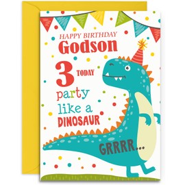 Godson 3rd Dinosaur Birthday Card - Medium Sized Card (A5 Size -148mm x 210mm) with Envelope