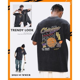 AugYew Mens Graphic Tees Vintage Unisex Acid Wash Printed Streetwear Cotton Oversized T-Shirts Loose Fit Basic Summer Trendy Tops for Men Women,Black,S