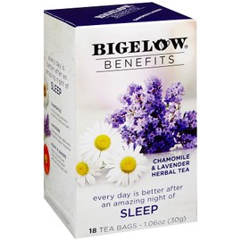 Bigelow Benefits Sleep Chamomile Lavender Herbal Tea, 18 Count Box (Pack of 6), Caffeine Free Herbal Tea, 108 Tea Bags Total