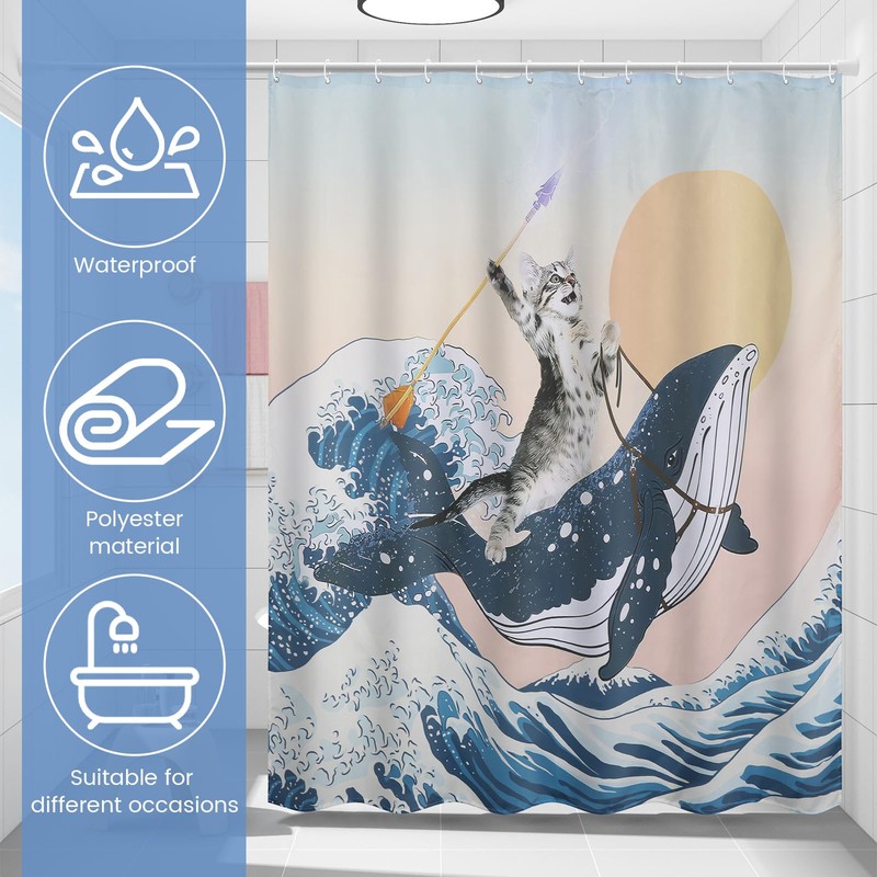 Funny Cat Shower Curtain, Cat Bathroom Curtain Cute Bathing Cat